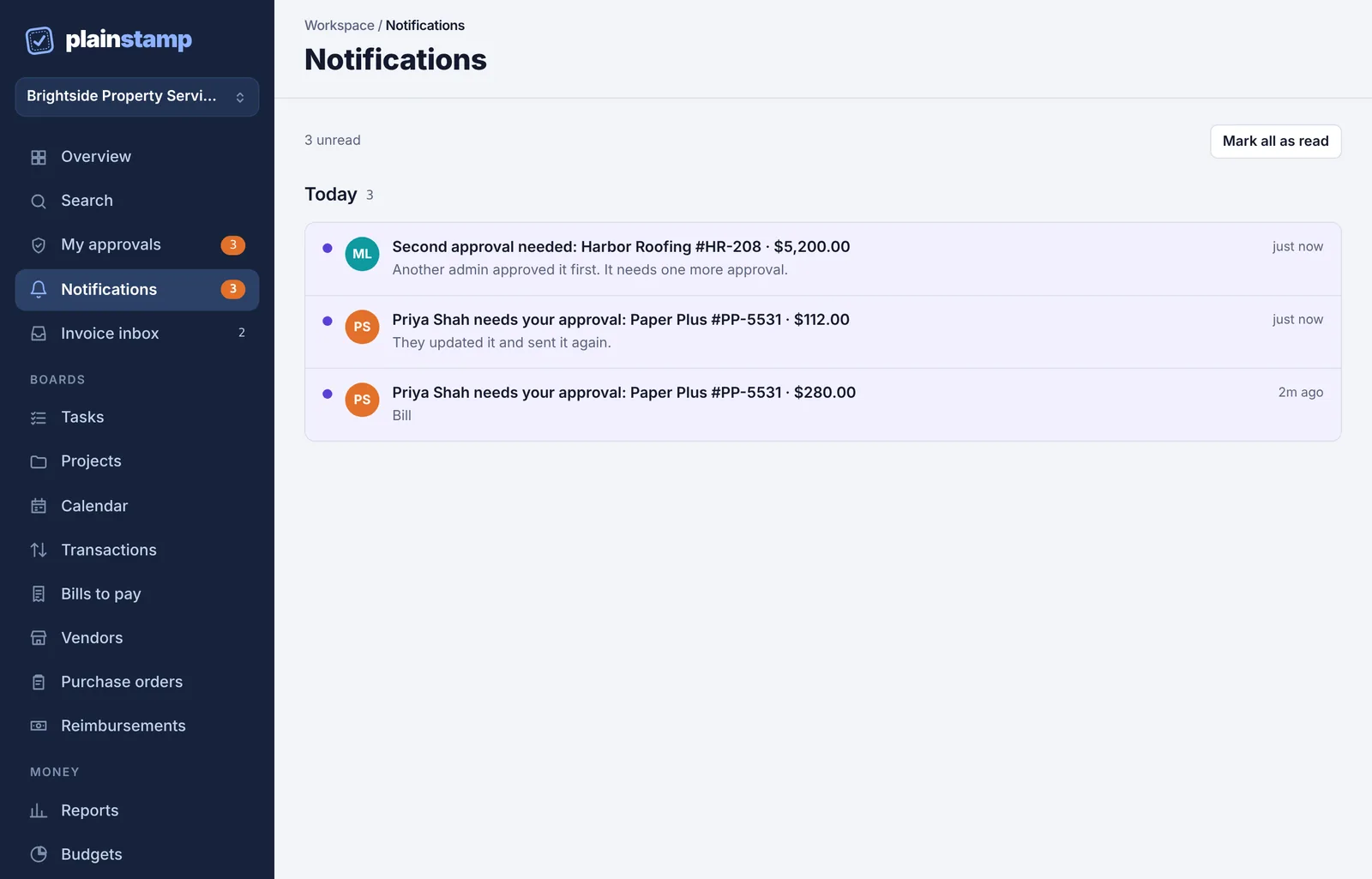The Notifications page with three unread notifications under Today and the Mark all as read button.