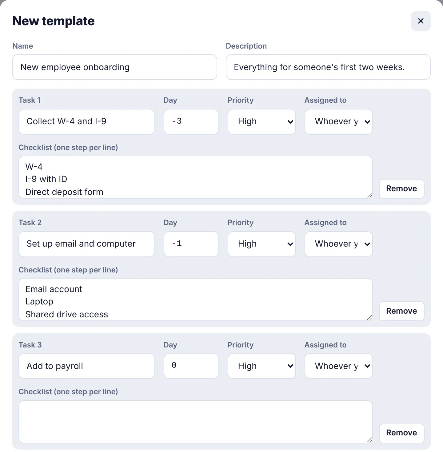 Editing a template: each task has a day, priority, person and checklist