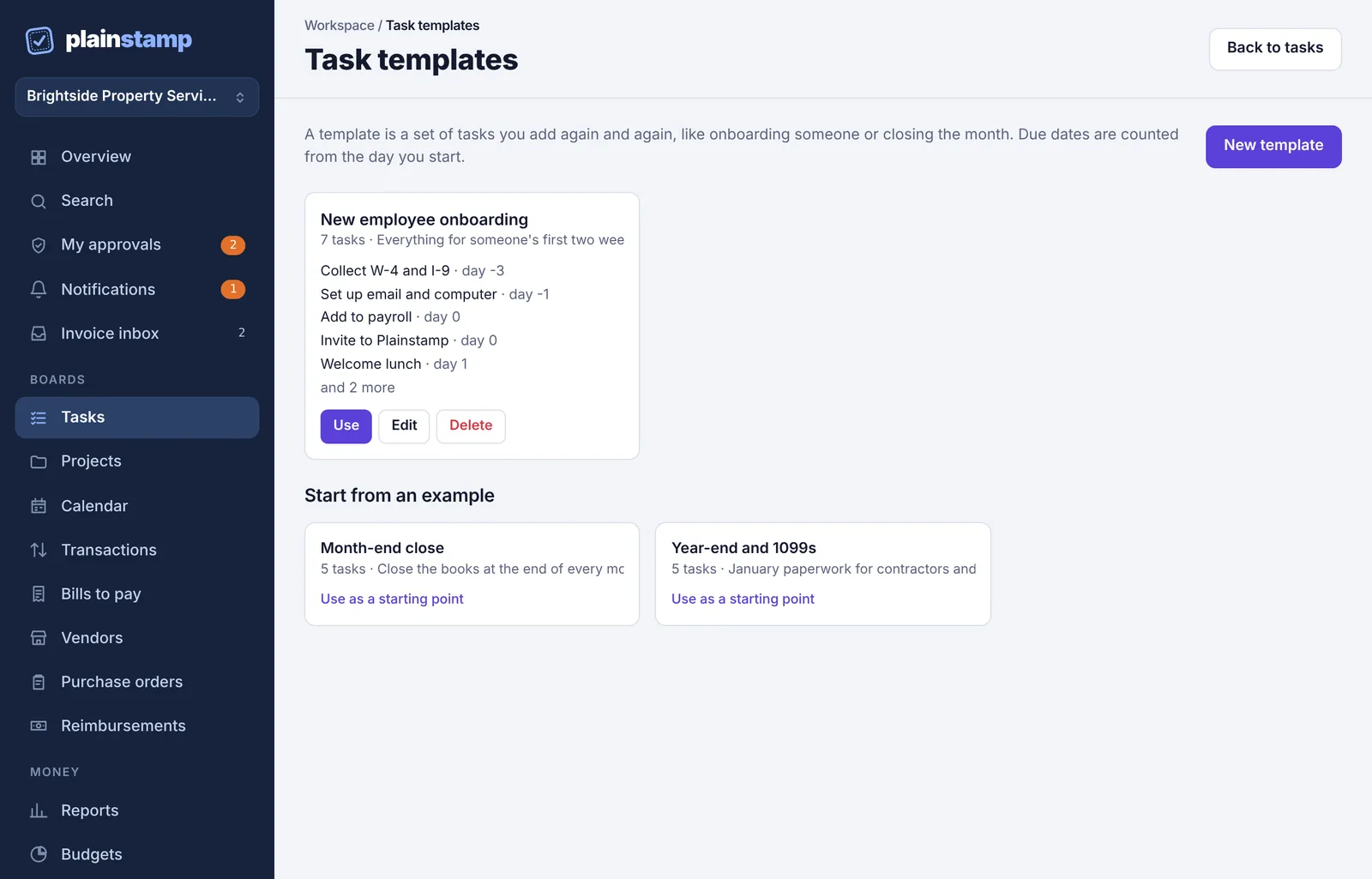 The Task templates page with one saved template and two examples