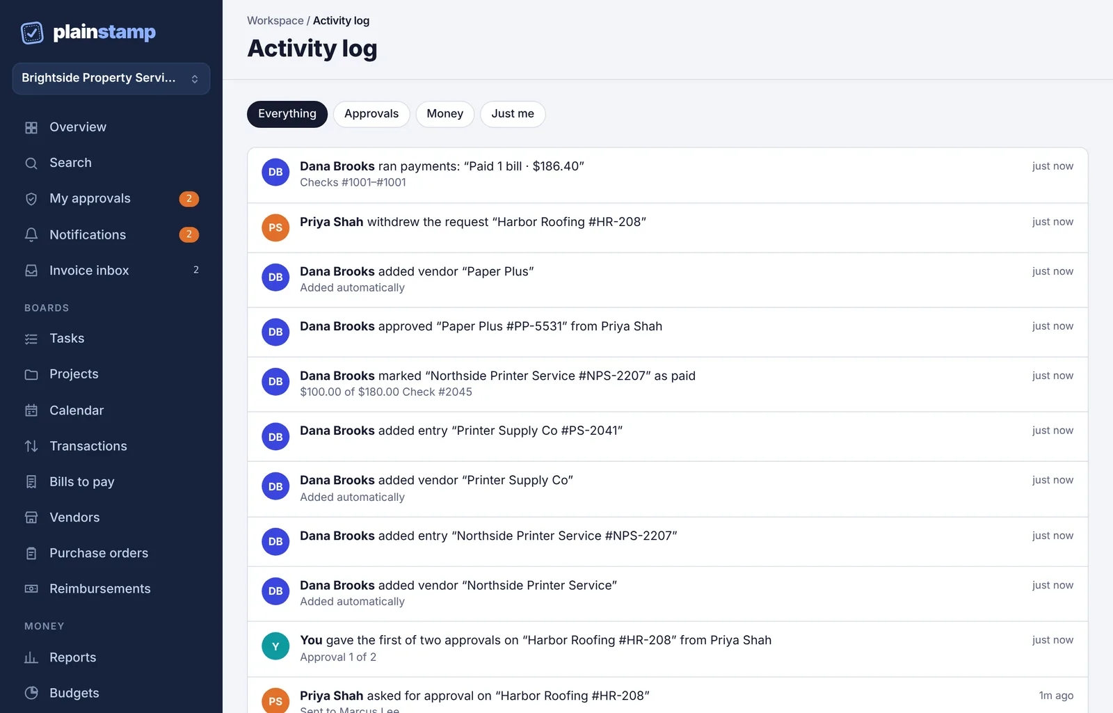 The Activity log with its filters